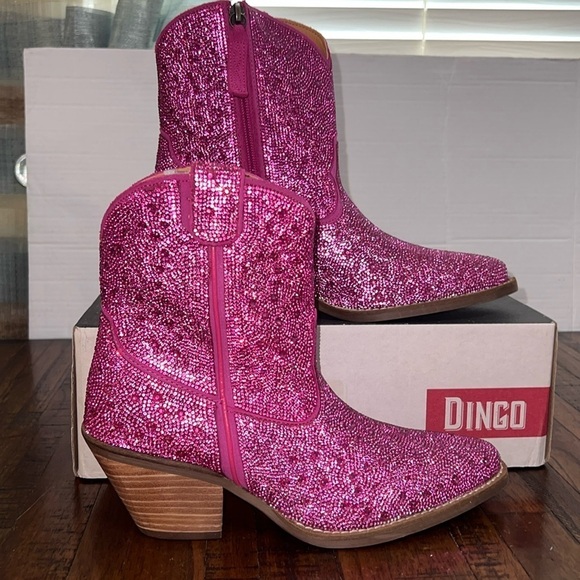NWT Dingo Boots Leather Cowgirl Pink Fuschia Rhinestone embellished womens 8 - Picture 4 of 16